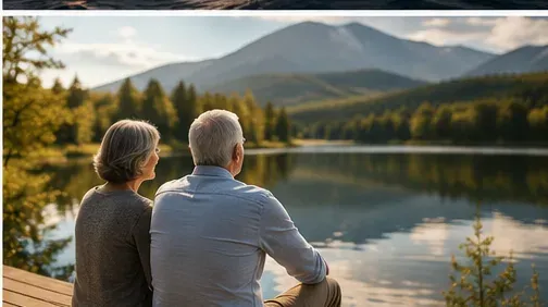 A retired couple looking out over a calm lake