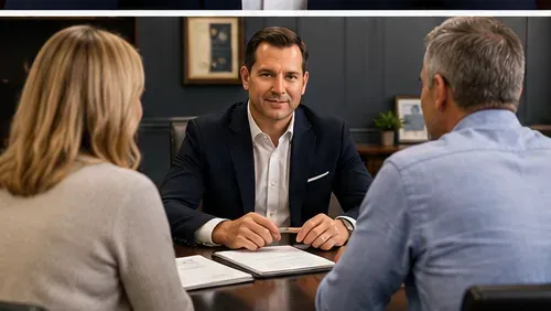 Leon meeting with a client couple across a table