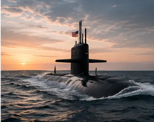 A U.S. Navy submarine surfacing at dusk